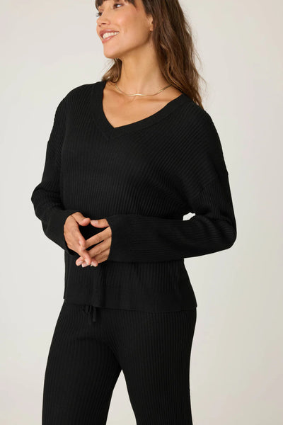 Jet Set Luxe Rib Long Sleeve Top- Black