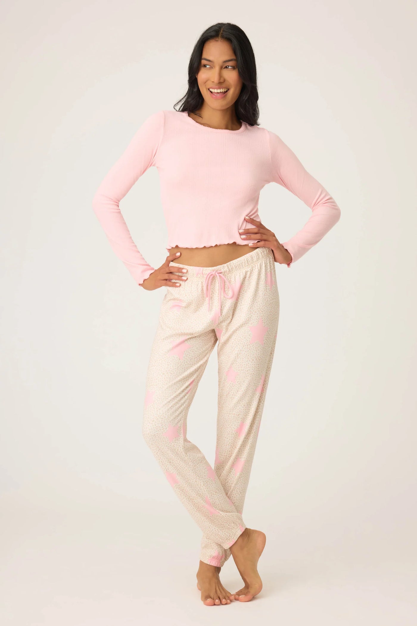 Stay Wild Solid Fitted Pointelle Long Sleeve Top - Pink Coral