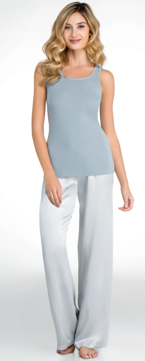Jolie Satin Pant With Rib Waistband And Adjustable Drawstring - Morning Blue