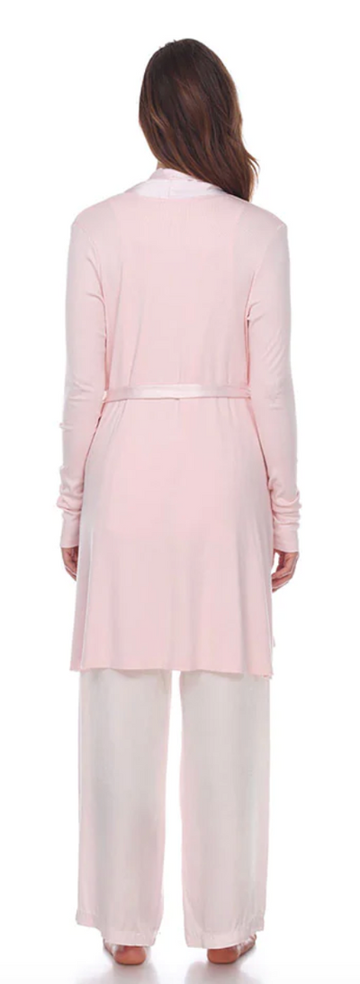 Elijah - Rib Knit Long-Sleeve Robe With Satin Trim And Belt in Blush