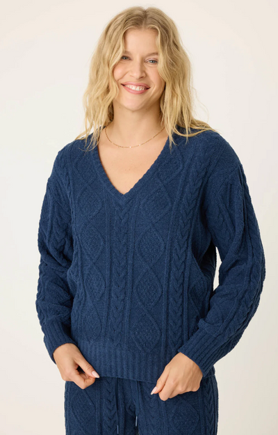 Chenille Cozy Cable Lounge V-Neck Sweater - Midnight