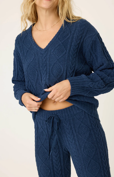 Chenille Cozy Cable Lounge V-Neck Sweater - Midnight