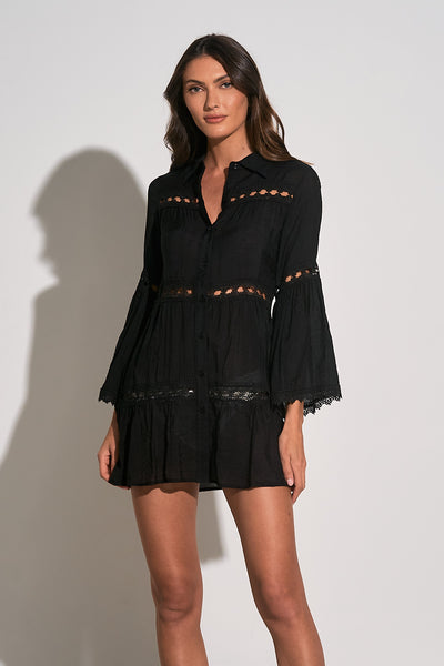 Eyelet Button Down Cover-up Dress -black