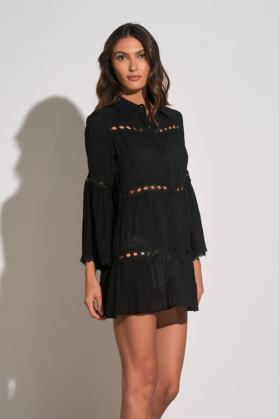 Eyelet Button Down Cover-up Dress -black