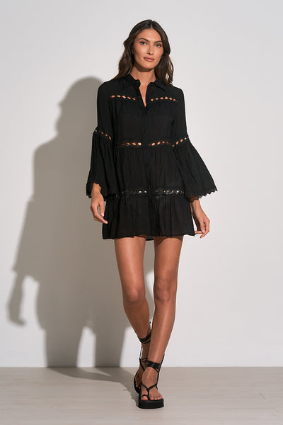 Eyelet Button Down Cover-up Dress -black