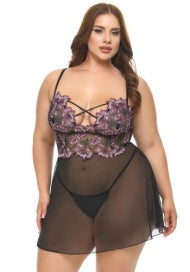 Curvy Adela Embroidered Floral Babydoll- Black