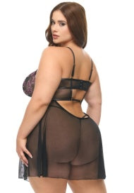 Curvy Adela Embroidered Floral Babydoll- Black