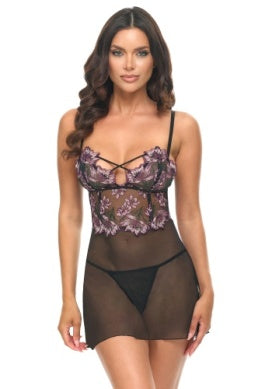 Adela Embroidered Floral Babydoll- Black
