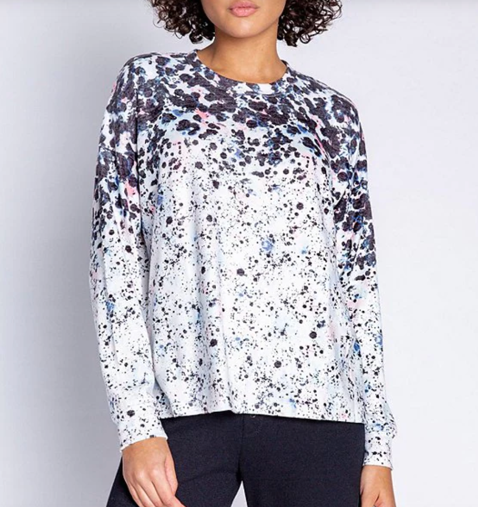 Splatter Dot Print Crew Neck Top - Ivory