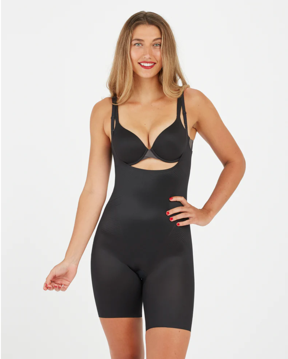 Thinstincts 2.0® Open-Bust Mid-Thigh Bodysuit- Very Black