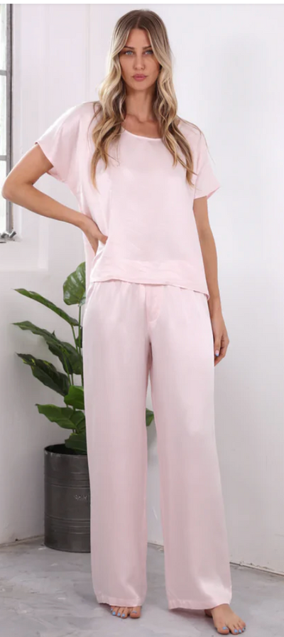 Jolie Satin Pant With Rib Waistband And Adjustable Drawstring - Blush