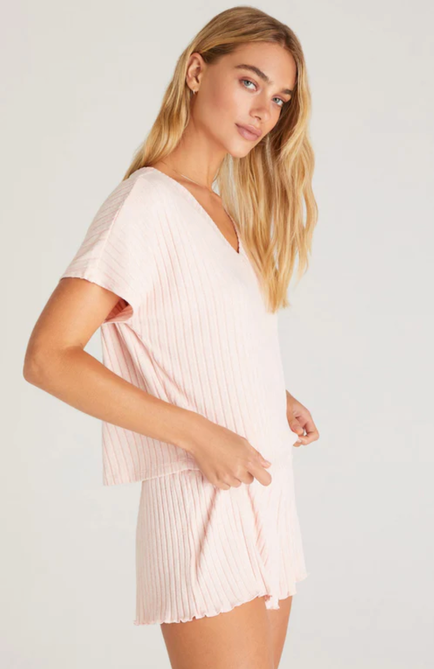 Harper Rib V-Neck Top - Pink Cream