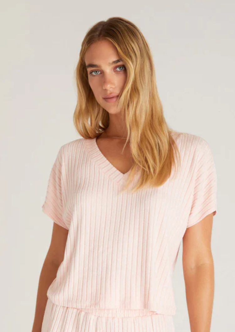 Harper Rib V-Neck Top - Pink Cream