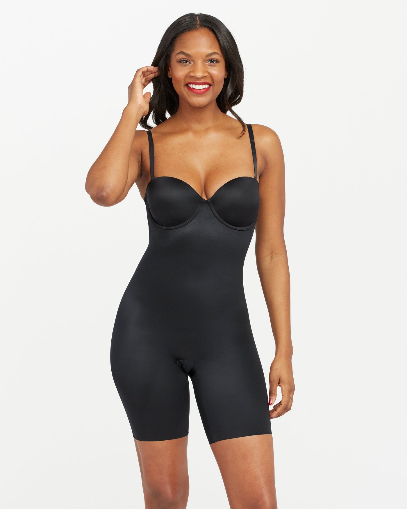 Suit Your Fancy Strapless Cupped Mid-Thigh Bodysuit - Very Black – My Bare  Essentials