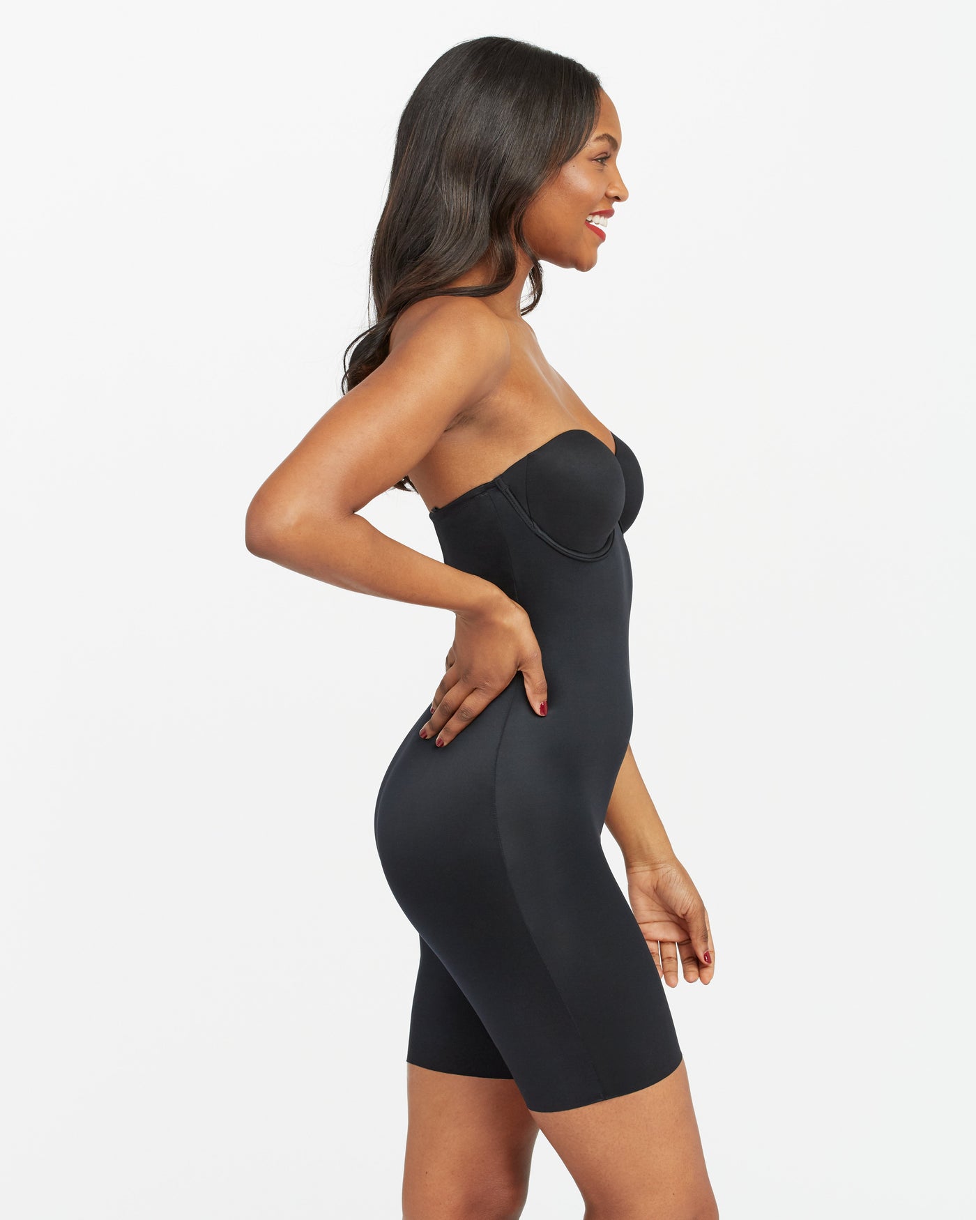 Suit Your Fancy Strapless Cupped Mid-Thigh Bodysuit - Very Black